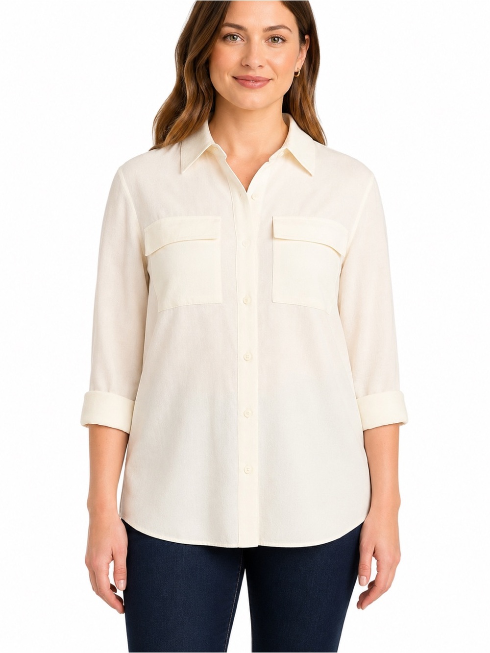 Hilary Radley Button-Front Shirt with Chest Pockets Ivory